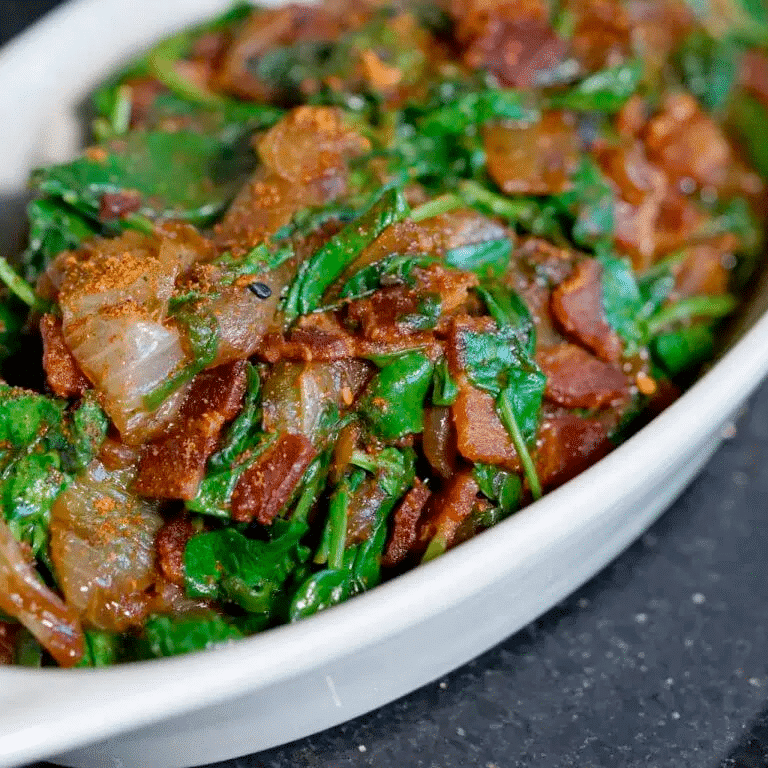 Spicy Spinach with Sake and Bacon