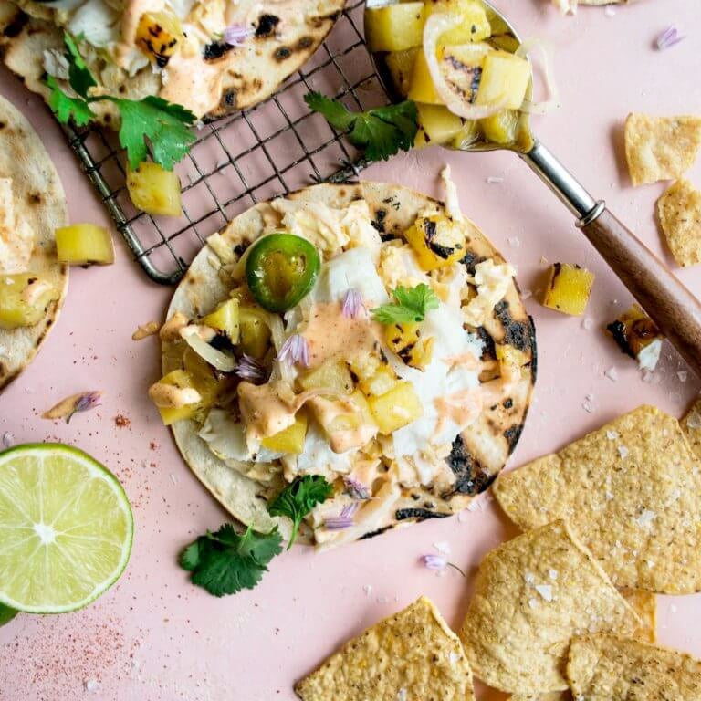 Grilled Fish Tacos with Pineapple Salsa & Chile Mayo
