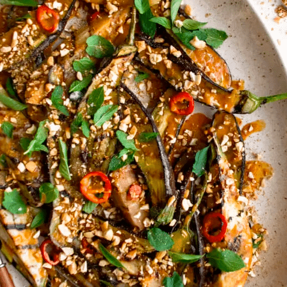 Grilled Eggplant with Red Curry Sauce & Spiced Cashews