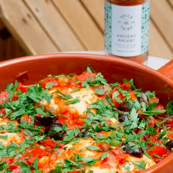 Poached Halibut with Tomatoes, Peppers, and Olives | SpiceTribe