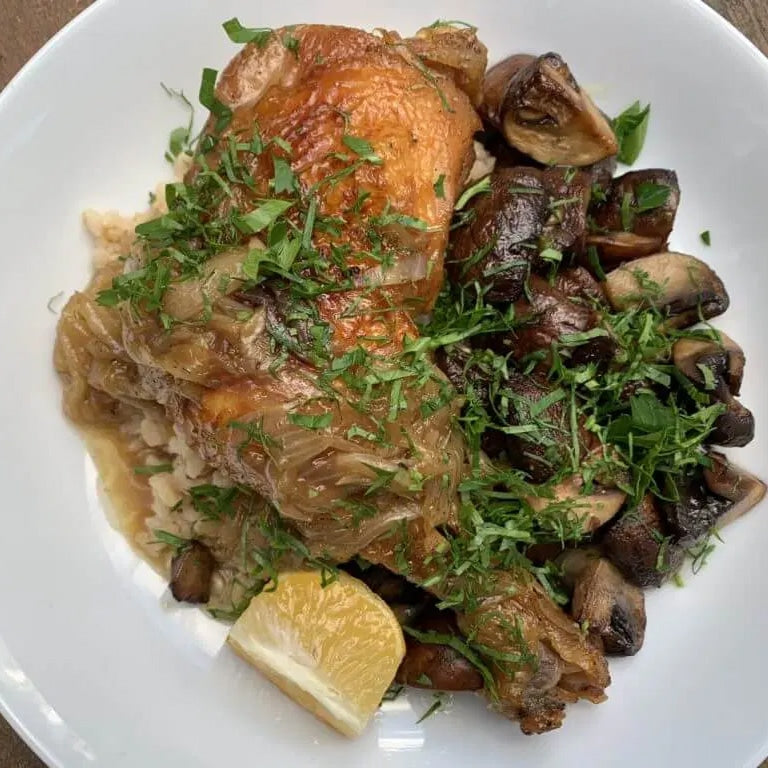 Caramelized Onion and Porcini Braised Chicken Legs