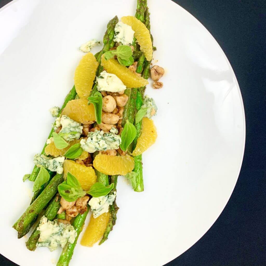 Asparagus with Orange, Blue Cheese and Hazelnuts