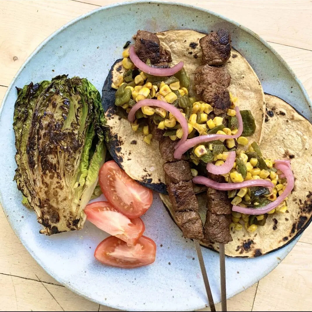 Beef Skewer Tacos with Corn Poblano Salsa