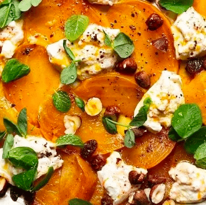 Spiced Golden Beets & Burrata with Hazelnuts, Golden Raisins and White Balsamic Orange Drizzle