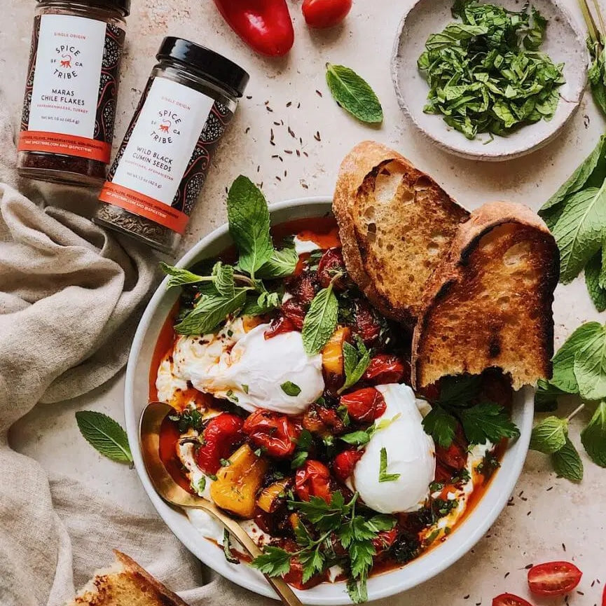 Turkish Eggs With Charred Tomatoes & Sweet Peppers | SpiceTribe