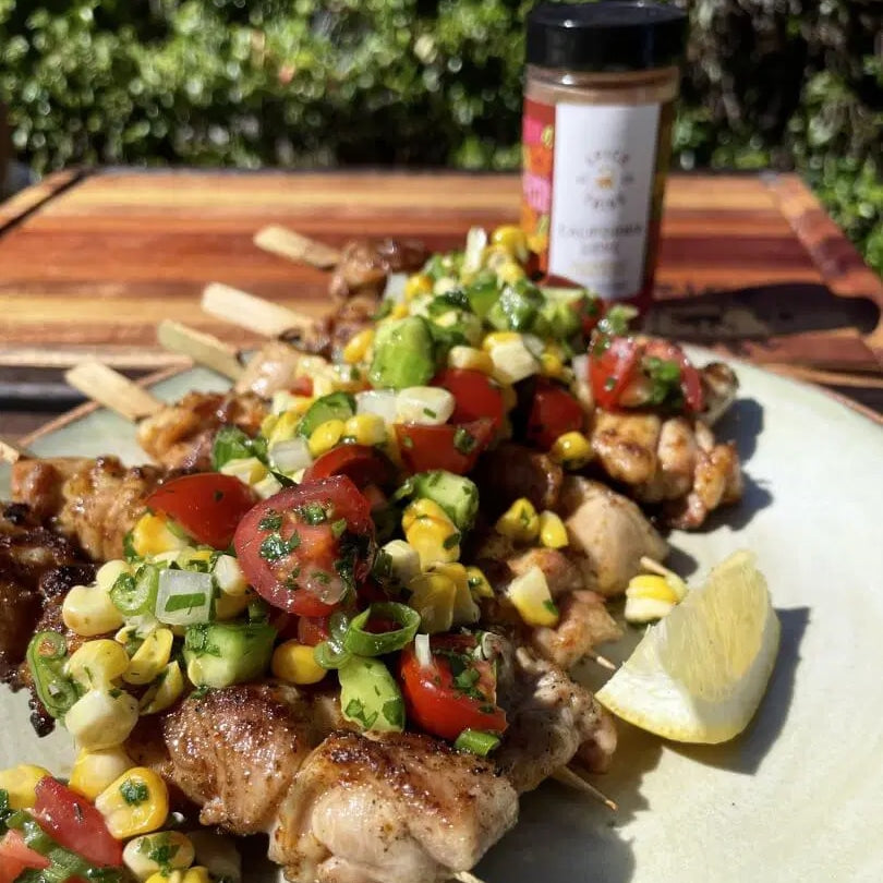 Chicken Skewers with Cherry Tomatoes, Corn, Cucumber & Scallion Relish