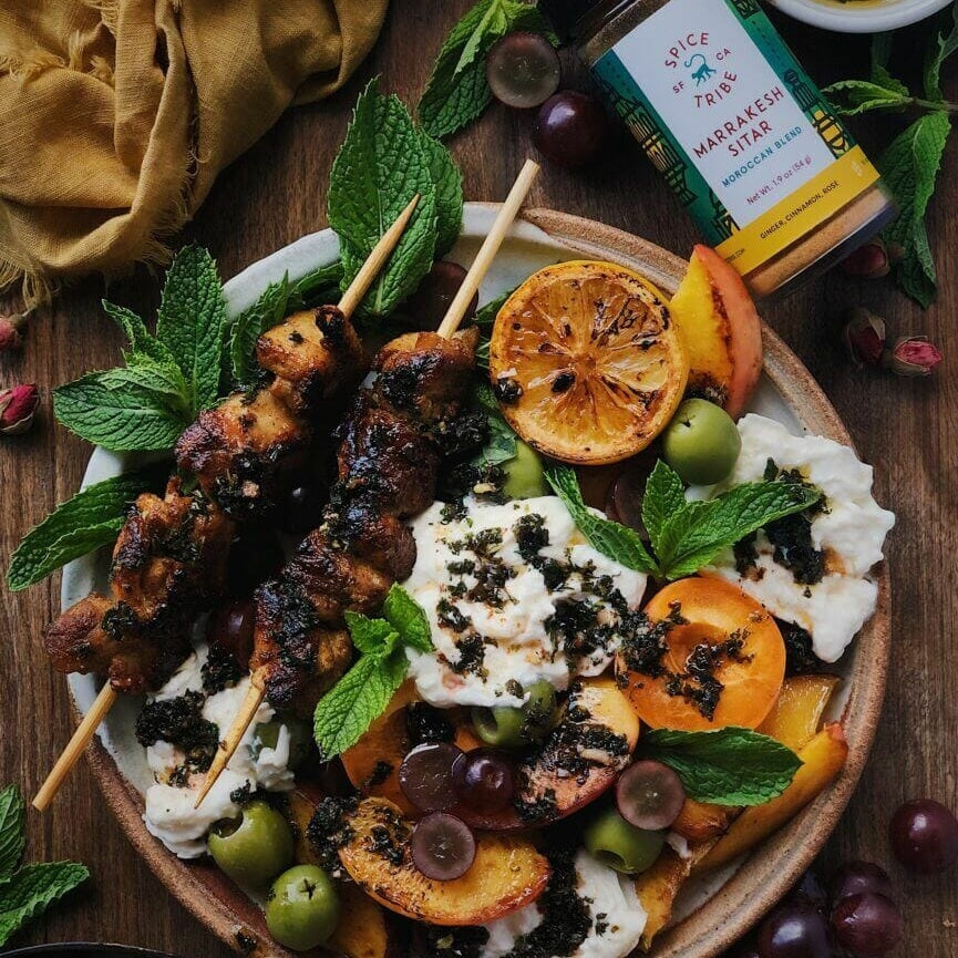 Chicken Skewers with Seared Summer Fruit and Burrata | SpiceTribe