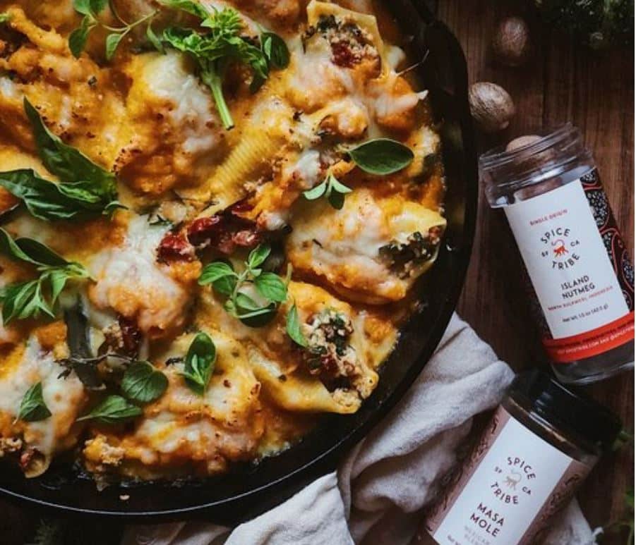Turkey and Sun-Dried Tomato Stuffed Shells in Butternut Squash Sauce by Spice Tribe
