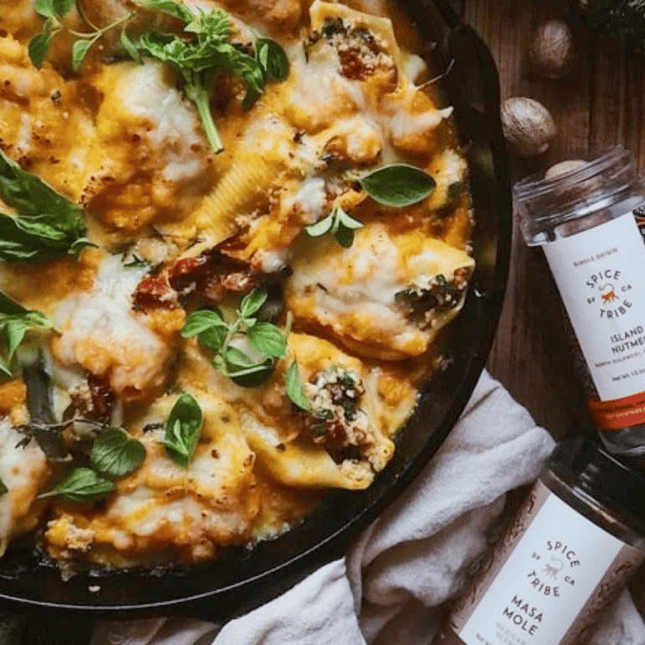 Turkey and Sun-Dried Tomato Stuffed Shells in Butternut Squash Sauce | SpiceTribe